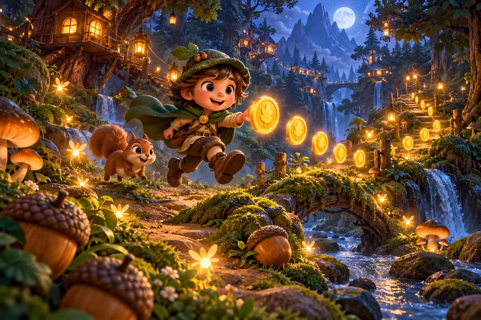 Acorn Gold Trail illustrated woodland scene