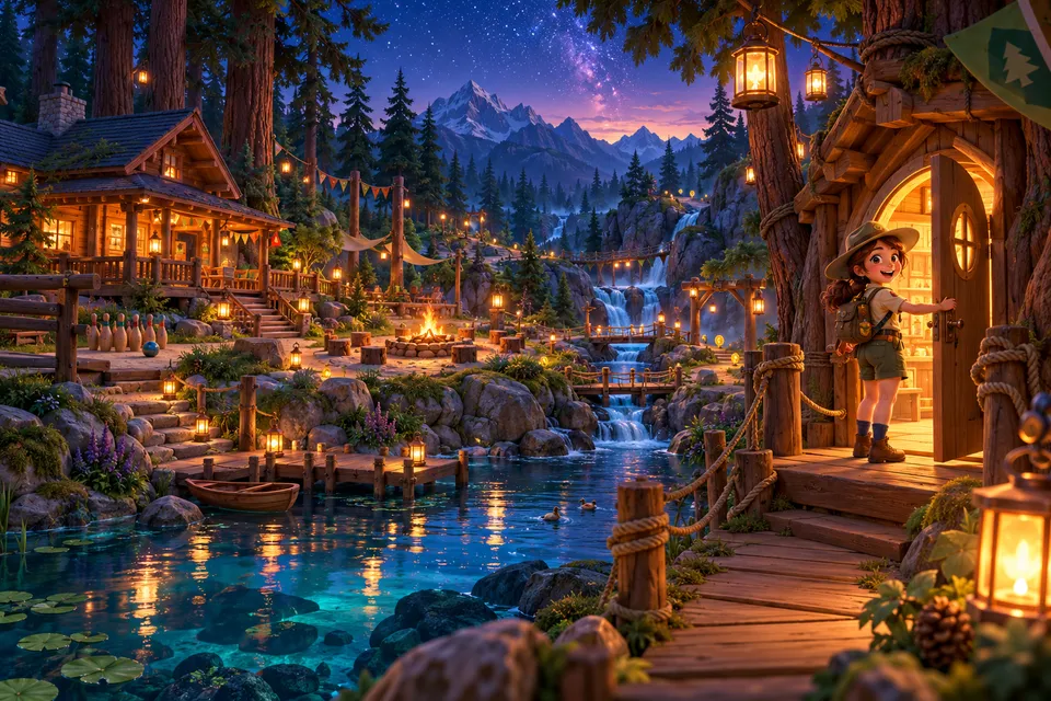 Lanterns, a woodland cabin and friends gathered in a twilight clearing