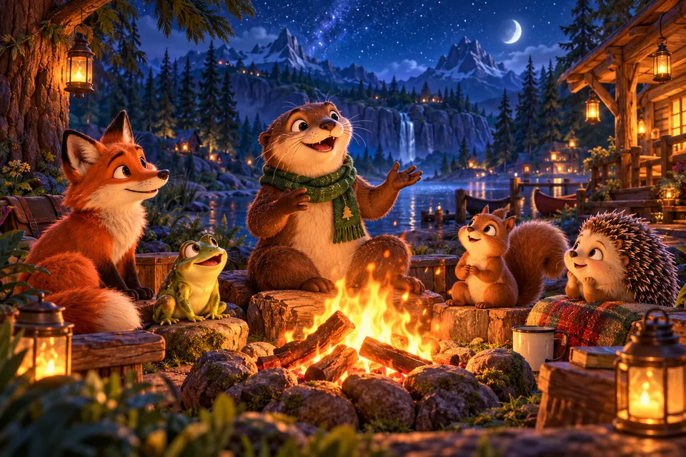 An otter host telling a story to woodland friends around a campfire